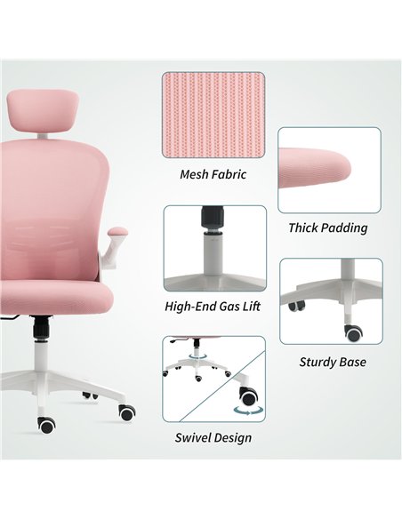 Vinsetto Multi-Adjustable Office Chair, with Lumbar Support, Headrest and Mesh Back - Pink - pic 163458 | FastDaddyshop