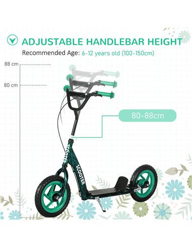 AIYAPLAY Kids Scooter with Adjustable Handlebar, Children's Kick Scooter with Non-slip Footplate, Rear Brake, Kickstand, Green