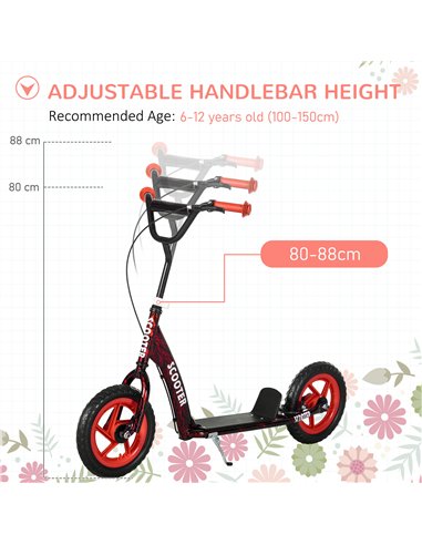 AIYAPLAY Kids Scooter with Adjustable Handlebar, Children's Kick Scooter with Non-slip Footplate, Rear Brake, Kickstand, Red