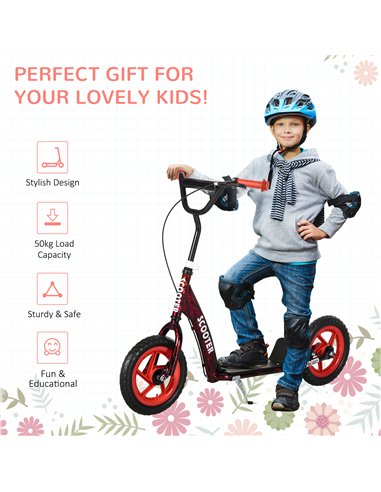 AIYAPLAY Kids Scooter with Adjustable Handlebar, Children's Kick Scooter with Non-slip Footplate, Rear Brake, Kickstand, Red
