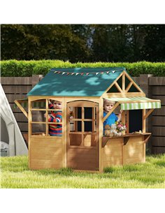 AIYAPLAY Wooden Playhouse for Kids, Foldable Wendy House with Windows, Working Door, Service Stations, Rain Covers, Brown 2