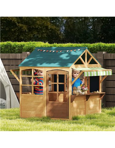 AIYAPLAY Wooden Playhouse for Kids, Foldable Wendy House with Windows, Working Door, Service Stations, Rain Covers, Brown