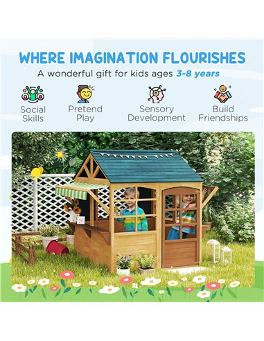AIYAPLAY Wooden Playhouse for Kids, Foldable Wendy House with Windows, Working Door, Service Stations, Rain Covers, Brown