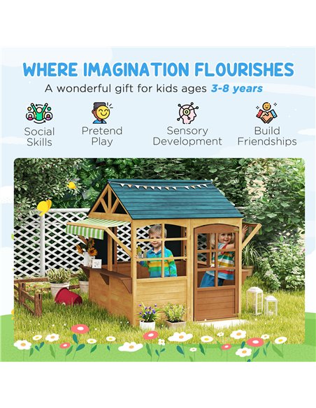 AIYAPLAY Wooden Playhouse for Kids, Foldable Wendy House with Windows, Working Door, Service Stations, Rain Covers, Brown - pic 163490 | FastDaddyshop