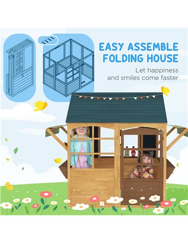 AIYAPLAY Wooden Playhouse for Kids, Foldable Wendy House with Windows, Working Door, Service Stations, Rain Covers, Brown