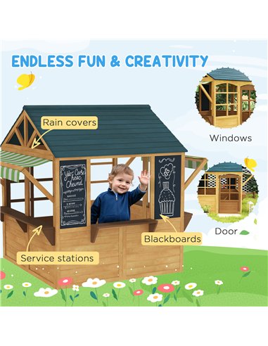 AIYAPLAY Wooden Playhouse for Kids, Foldable Wendy House with Windows, Working Door, Service Stations, Rain Covers, Brown