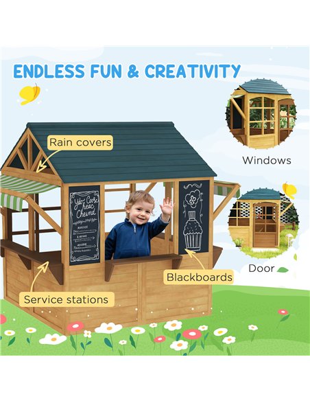 AIYAPLAY Wooden Playhouse for Kids, Foldable Wendy House with Windows, Working Door, Service Stations, Rain Covers, Brown - pic 163492 | FastDaddyshop