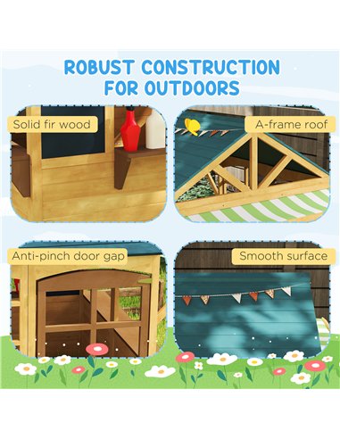 AIYAPLAY Wooden Playhouse for Kids, Foldable Wendy House with Windows, Working Door, Service Stations, Rain Covers, Brown