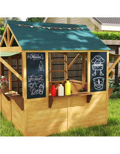AIYAPLAY Wooden Playhouse for Kids, Foldable Wendy House with Windows, Working Door, Service Stations, Rain Covers, Brown