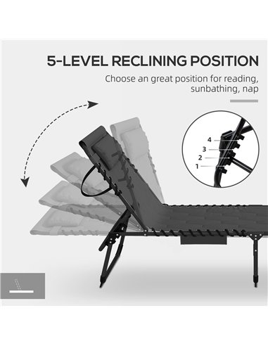 Outsunny Padded Sun Lounger, with Five-Position Reclining Back - Black