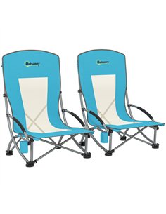 Outsunny Set of 2 Folding Beach Chair, Low Camping Chair with Mesh Back, Carry Bag and Cup Holder for Garden Outdoor Picnic Fest