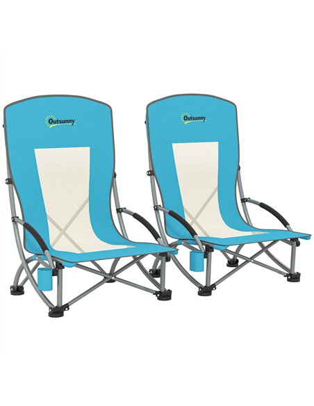 Outsunny Set of 2 Folding Beach Chair, Low Camping Chair with Mesh Back, Carry Bag and Cup Holder for Garden Outdoor Picnic Fest - pic 163523 | FastDaddyshop