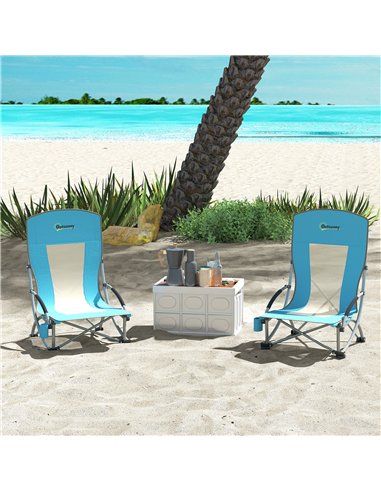 Outsunny Set of 2 Folding Beach Chair, Low Camping Chair with Mesh Back, Carry Bag and Cup Holder for Garden Outdoor Picnic Fest