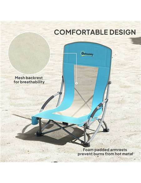 Outsunny Set of 2 Folding Beach Chair, Low Camping Chair with Mesh Back, Carry Bag and Cup Holder for Garden Outdoor Picnic Fest - pic 163527 | FastDaddyshop