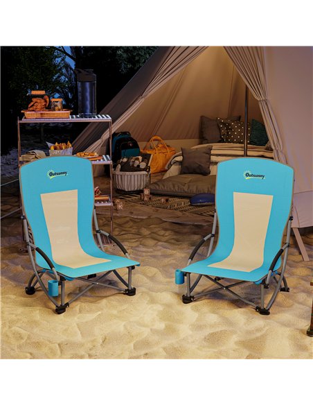 Outsunny Set of 2 Folding Beach Chair, Low Camping Chair with Mesh Back, Carry Bag and Cup Holder for Garden Outdoor Picnic Fest - pic 163530 | FastDaddyshop