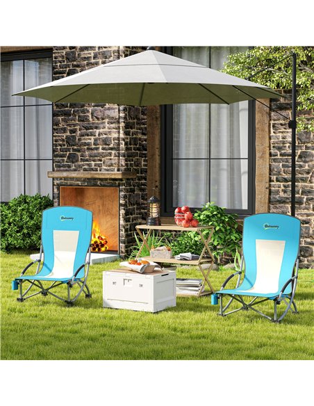 Outsunny Set of 2 Folding Beach Chair, Low Camping Chair with Mesh Back, Carry Bag and Cup Holder for Garden Outdoor Picnic Fest - pic 163531 | FastDaddyshop
