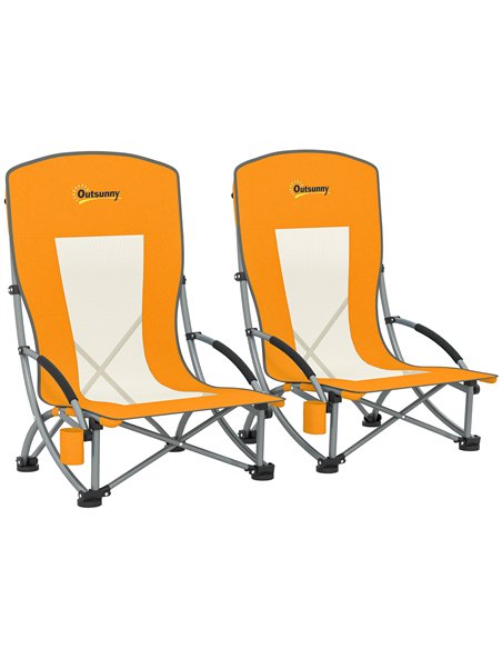 Outsunny Set of 2 Folding Beach Chair, Low Camping Chair with Mesh Back, Carry Bag and Cup Holder for Garden Outdoor Picnic Fest - pic 163550 | FastDaddyshop