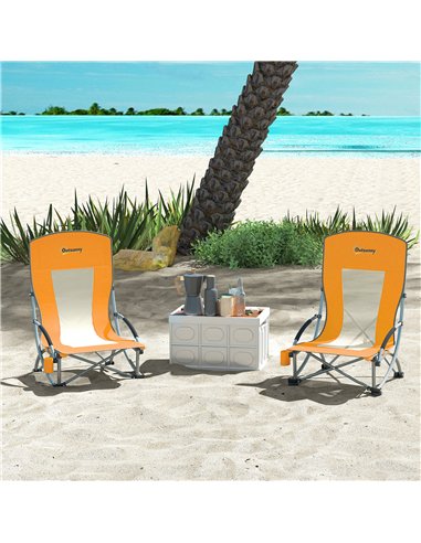 Outsunny Set of 2 Folding Beach Chair, Low Camping Chair with Mesh Back, Carry Bag and Cup Holder for Garden Outdoor Picnic Fest