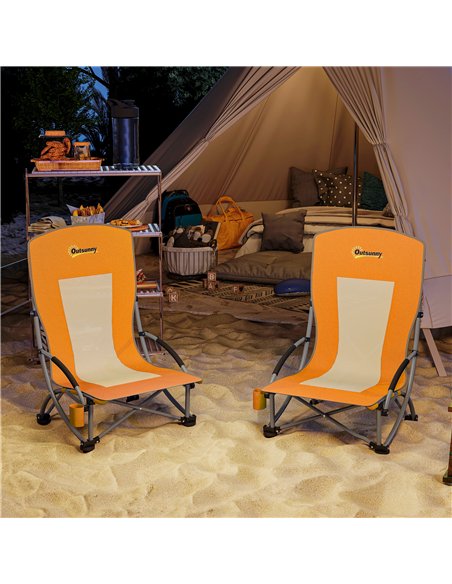 Outsunny Set of 2 Folding Beach Chair, Low Camping Chair with Mesh Back, Carry Bag and Cup Holder for Garden Outdoor Picnic Fest - pic 163557 | FastDaddyshop