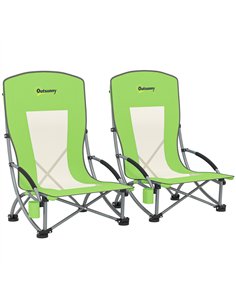 Outsunny Set of 2 Folding Beach Chair, Low Camping Chair with Mesh Back, Carry Bag and Cup Holder for Garden Outdoor Picnic Fest