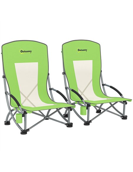 Outsunny Set of 2 Folding Beach Chair, Low Camping Chair with Mesh Back, Carry Bag and Cup Holder for Garden Outdoor Picnic Fest - pic 163559 | FastDaddyshop