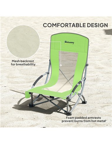 Outsunny Set of 2 Folding Beach Chair, Low Camping Chair with Mesh Back, Carry Bag and Cup Holder for Garden Outdoor Picnic Fest