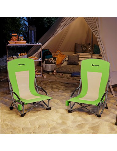 Outsunny Set of 2 Folding Beach Chair, Low Camping Chair with Mesh Back, Carry Bag and Cup Holder for Garden Outdoor Picnic Fest
