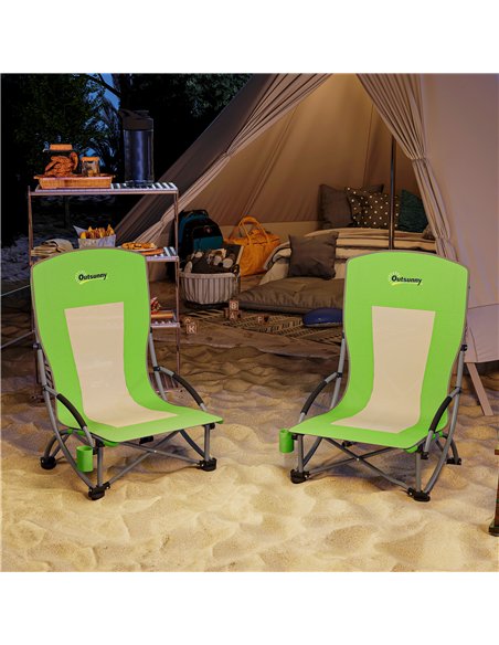 Outsunny Set of 2 Folding Beach Chair, Low Camping Chair with Mesh Back, Carry Bag and Cup Holder for Garden Outdoor Picnic Fest - pic 163566 | FastDaddyshop