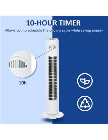 HOMCOM 30'' Freestanding Tower Fan, 3 Speed 3 Mode, 10h Timer, 70 Degree Oscillation, LED Light, 5M Remote Controller, White