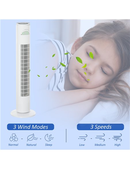 HOMCOM 30'' Freestanding Tower Fan, 3 Speed 3 Mode, 10h Timer, 70 Degree Oscillation, LED Light, 5M Remote Controller, White - pic 16359 | FastDaddyshop