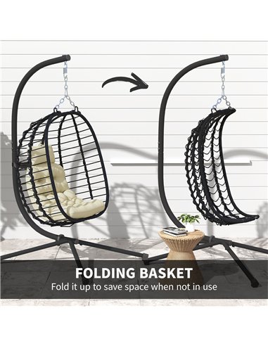 Outsunny Rattan Hanging Egg Chair, Foldable Wicker Hammock Swing Chair with Cushion, Stand, Adjustable Height, Head Pillow, Stee