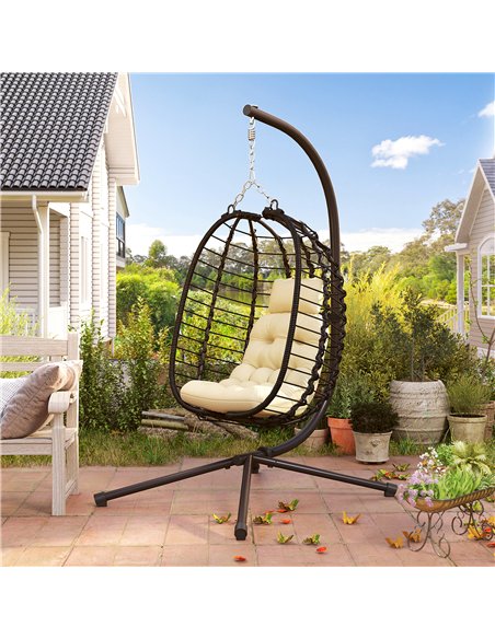 Outsunny Rattan Hanging Egg Chair, Foldable Wicker Hammock Swing Chair with Cushion, Stand, Adjustable Height, Head Pillow, Stee - pic 163593 | FastDaddyshop