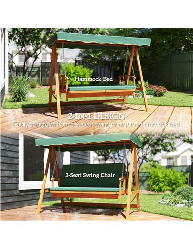 Outsunny 3 Seater 2-in-1 Wooden Garden Swing Seat Swing Chair Outdoor Convertible Hammock Bench Furniture Lounger Bed Wood, Dark