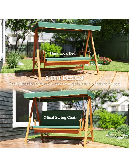 Outsunny 3 Seater 2-in-1 Wooden Garden Swing Seat Swing Chair Outdoor Convertible Hammock Bench Furniture Lounger Bed Wood, Dark - pic 163598 | FastDaddyshop