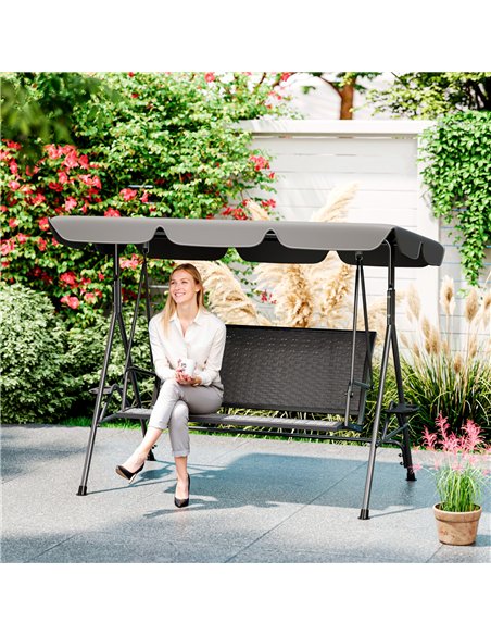 Outsunny 3 Seater Swing Chair, Garden Swing Seat Bench with Adjustable Canopy, Rattan Seat and Steel Frame for Patio, Yard, Grey - pic 163623 | FastDaddyshop