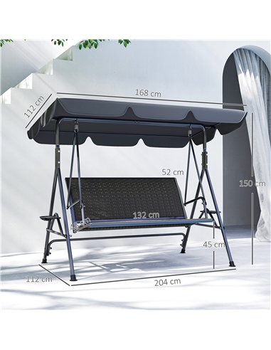 Outsunny 3 Seater Swing Chair, Garden Swing Seat Bench with Adjustable Canopy, Rattan Seat and Steel Frame for Patio, Yard, Grey