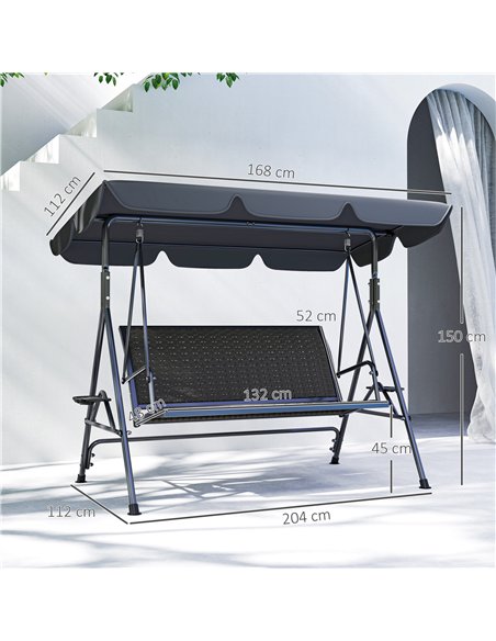 Outsunny 3 Seater Swing Chair, Garden Swing Seat Bench with Adjustable Canopy, Rattan Seat and Steel Frame for Patio, Yard, Grey - pic 163624 | FastDaddyshop