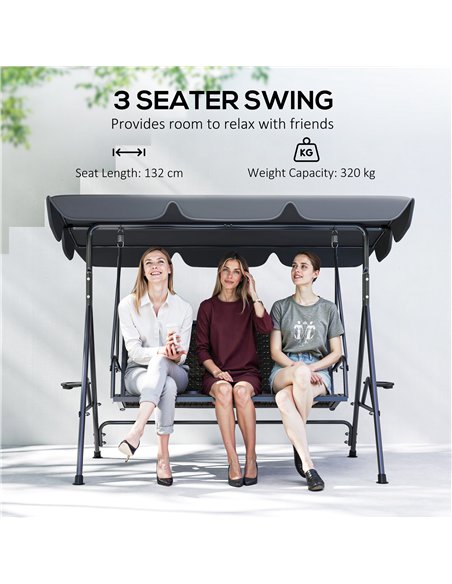 Outsunny 3 Seater Swing Chair, Garden Swing Seat Bench with Adjustable Canopy, Rattan Seat and Steel Frame for Patio, Yard, Grey - pic 163625 | FastDaddyshop