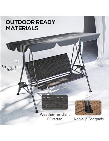 Outsunny 3 Seater Swing Chair, Garden Swing Seat Bench with Adjustable Canopy, Rattan Seat and Steel Frame for Patio, Yard, Grey