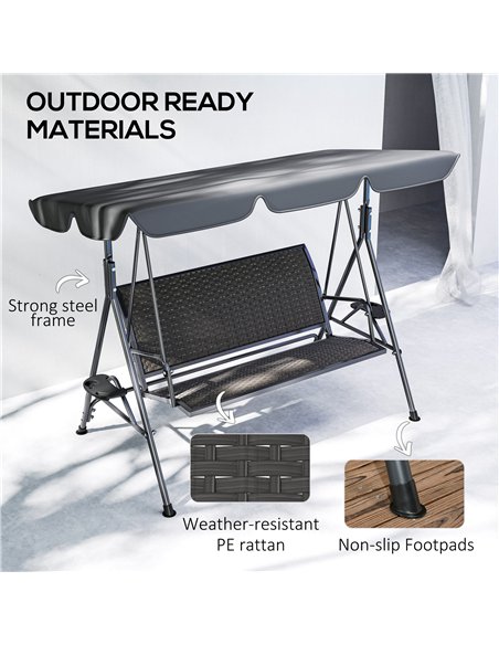 Outsunny 3 Seater Swing Chair, Garden Swing Seat Bench with Adjustable Canopy, Rattan Seat and Steel Frame for Patio, Yard, Grey - pic 163627 | FastDaddyshop
