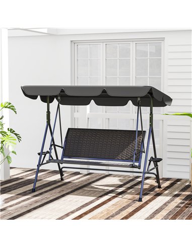 Outsunny 3 Seater Swing Chair, Garden Swing Seat Bench with Adjustable Canopy, Rattan Seat and Steel Frame for Patio, Yard, Grey