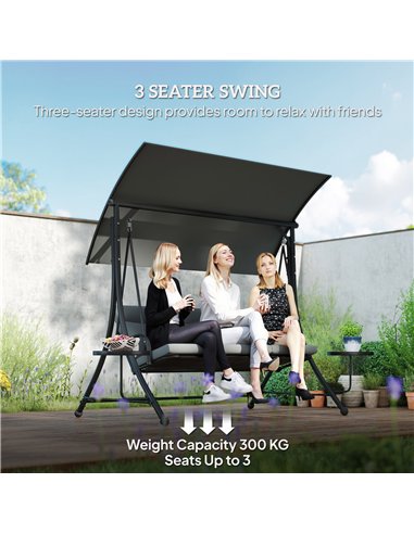 Outsunny Three-Seater Garden Swing, with Adjustable Canopy - Black/Grey
