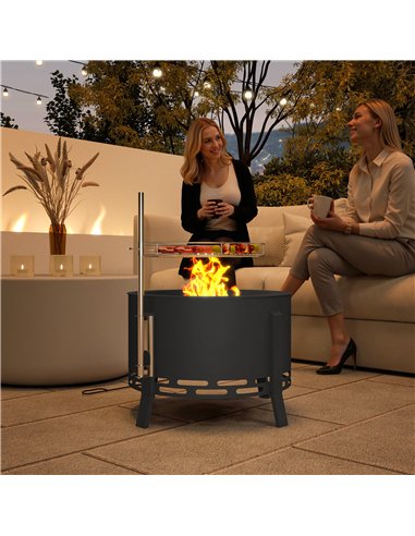Outsunny Portable Fire Pit, 58 cm Round Firepit with Grill Grate, Fire Bowl with Ash Catcher and Poker, Fire Pit BBQ for Garden 