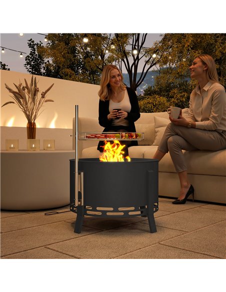 Outsunny Portable Fire Pit, 58 cm Round Firepit with Grill Grate, Fire Bowl with Ash Catcher and Poker, Fire Pit BBQ for Garden  - pic 163677 | FastDaddyshop