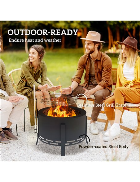 Outsunny Portable Fire Pit, 58 cm Round Firepit with Grill Grate, Fire Bowl with Ash Catcher and Poker, Fire Pit BBQ for Garden  - pic 163680 | FastDaddyshop