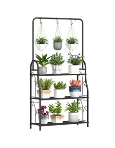 Outsunny 3 Tier Plant Stand with Hanging Rod and Hooks, Metal Plant Rack Shelf, Ladder Flower Pot for Indoor Outdoor Porch Balco