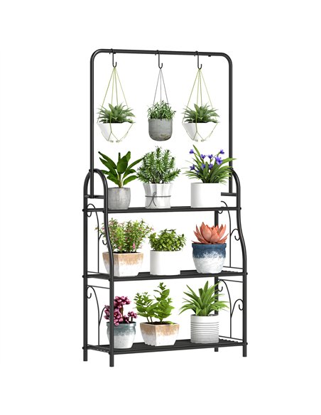 Outsunny 3 Tier Plant Stand with Hanging Rod and Hooks, Metal Plant Rack Shelf, Ladder Flower Pot for Indoor Outdoor Porch Balco - pic 163757 | FastDaddyshop
