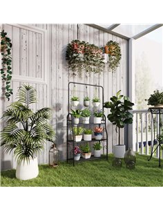 Outsunny 3 Tier Plant Stand with Hanging Rod and Hooks, Metal Plant Rack Shelf, Ladder Flower Pot for Indoor Outdoor Porch Balco 2