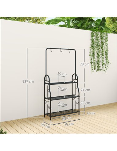 Outsunny 3 Tier Plant Stand with Hanging Rod and Hooks, Metal Plant Rack Shelf, Ladder Flower Pot for Indoor Outdoor Porch Balco