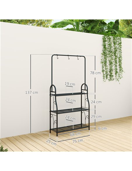 Outsunny 3 Tier Plant Stand with Hanging Rod and Hooks, Metal Plant Rack Shelf, Ladder Flower Pot for Indoor Outdoor Porch Balco - pic 163759 | FastDaddyshop